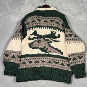 Kanata Sweater Mens XL Green Wool Cowichan Cardigan Moose Graphic Canada